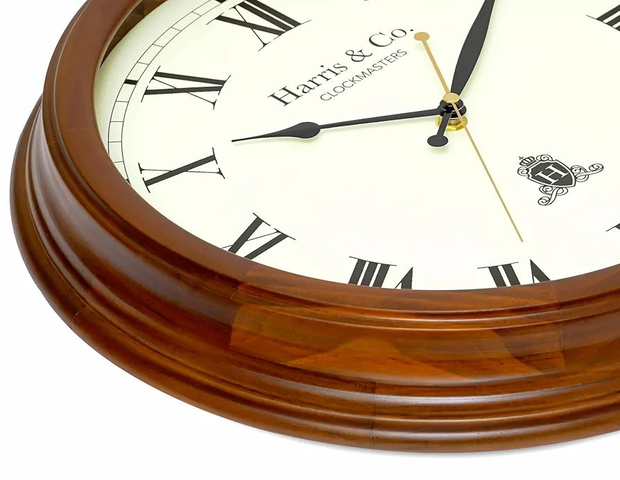 Harris & Co. Clockmasters Luxury Vintage Thick Wooden Frame Hd Clear Glass With Silent Sweep Noiseless Technology Roman Design Analog Wall Clock