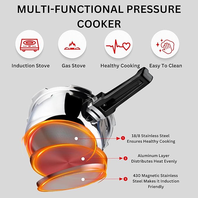 Vinod Platinum Triply Stainless Steel Outer Lid Pressure Cooker | Induction Base Pressure Cooker | 3 Litre Capacity