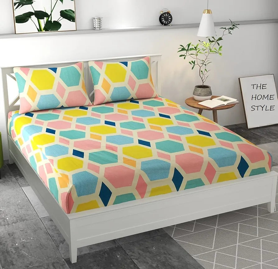 The Home Style Cotton Feel Glace Cotton Elastic Fitted Printed King Size Double Bed Bedsheet With 2 Pillow Cover 300-350 Threadcount Pastel Palette