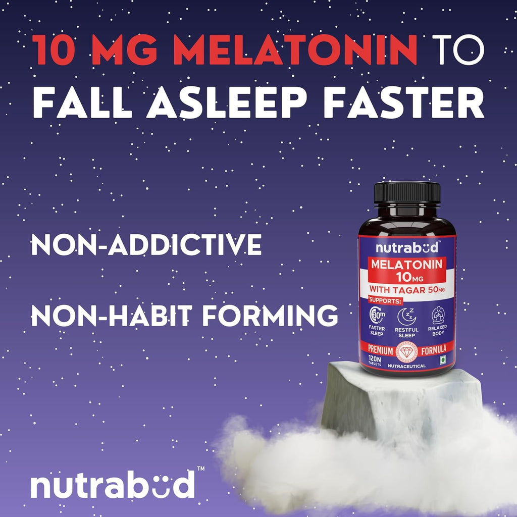 nutrabud Melatonin 10 Mg - 120 Veg Tablets - For Sleep Support,Nerve Relaxation,And Stress Relief - Non-Habit Forming For Men & Women (120 Count (Pack Of 1),Unflavoured),120 Capsule