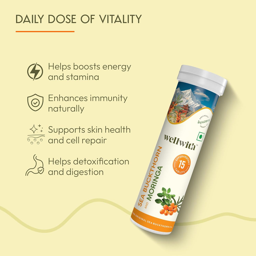 Wellwith Seabuckthorn + Moringa Effervescent Tablets | Immunity & Antioxidant Support | Natural Vitamin C & Iron | Vegan, Sugar-Free, Refreshing Orange Flavour | 15 Tablets (Pack of 1)