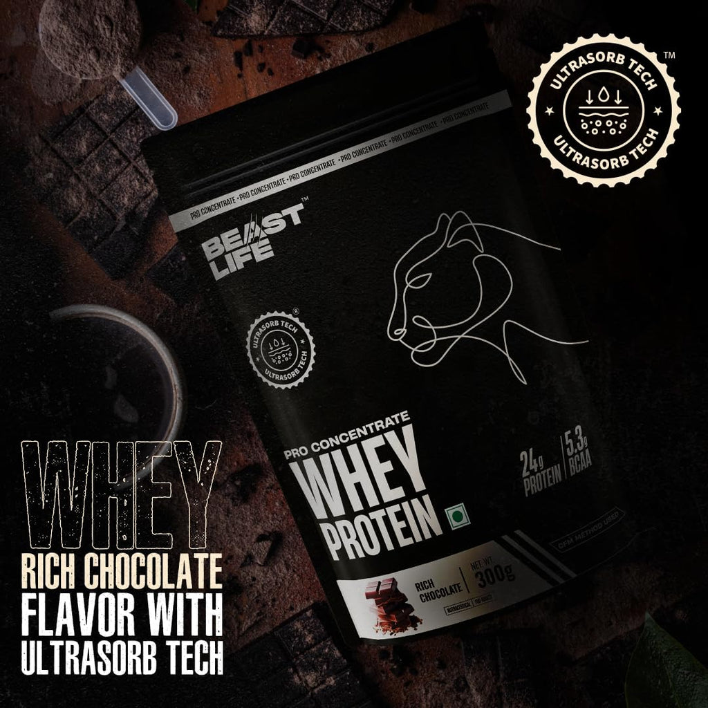BeastLife Whey Protein Sachets 300 Gram | Rich Chocolate Flavour | 24g Protein, 5.3g BCAA, Ultrasorb Tech | High Absorption for Muscle Gain | Fast Recovery | Sports Nutrition | Travel-Friendly Nutrition | Easy to Carry & Use Anywhere
