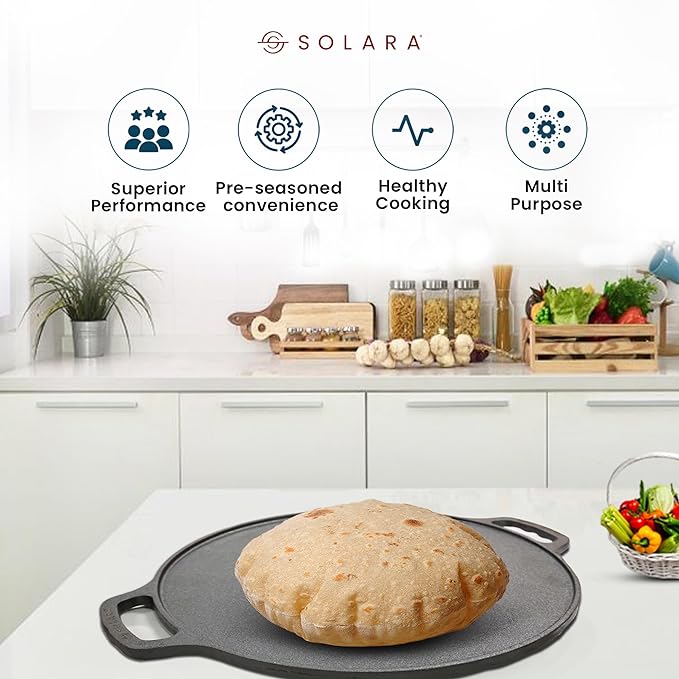 Solara Cast Iron Tawa for Dosa 12" Inch | 30 Cm | Gas & Induction Friendly, Dosa Pan Cast Iron, Cast Iron Cookware