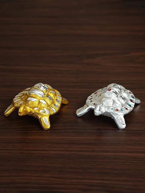 Ecraftindia Golden and Silver Engraved Tortoise Feng Shui Handcrafted Decorative Metal Showpiece