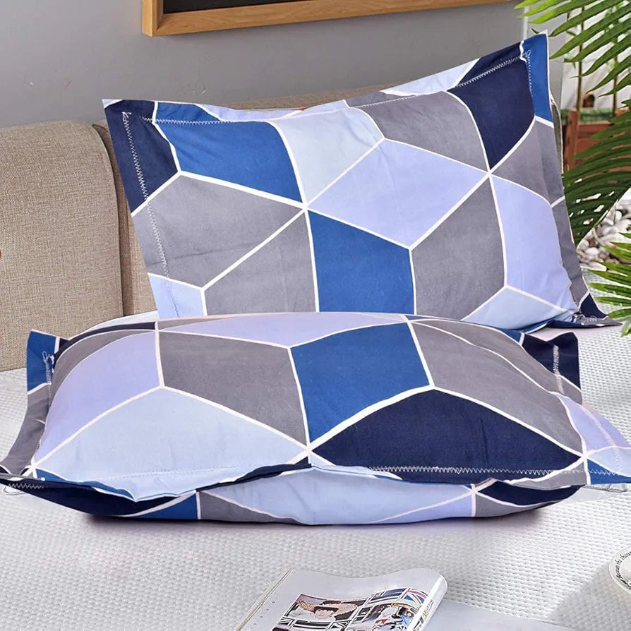 The Home Style Cotton Feel Glace Cotton All Around Elastic Fitted Printed Queen Size Double Bed Bedsheet With 2 Pillow Cover 300 TC Blue Berry
