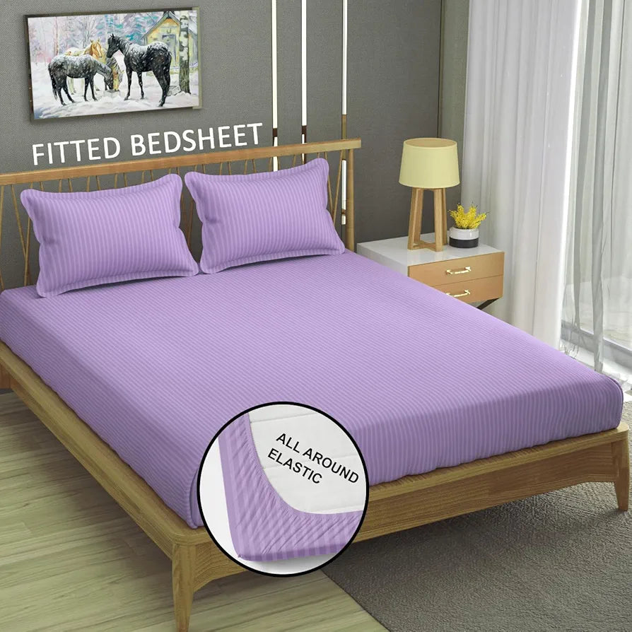 Homefab India 160 TC Stripe Cotton Feel Glace Cotton Elastic Fitted King Size Double Bed Bedsheet with 2 Pillow Covers Fits Upto 6 inches Mattress Purple
