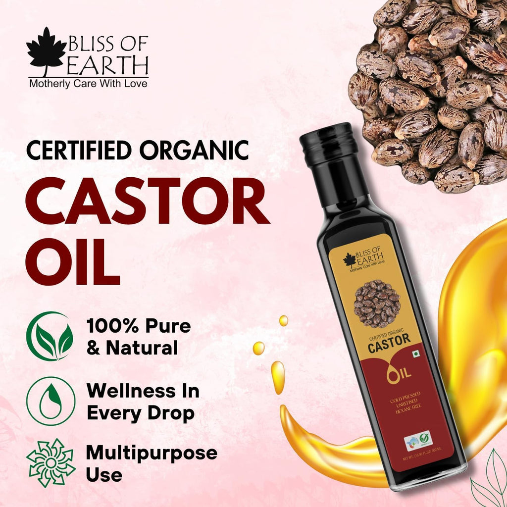 Bliss of Earth 500ML Certified Organic Castor Oil For Hair Growth, Cold Pressed & Hexane Free (Pet bottle)