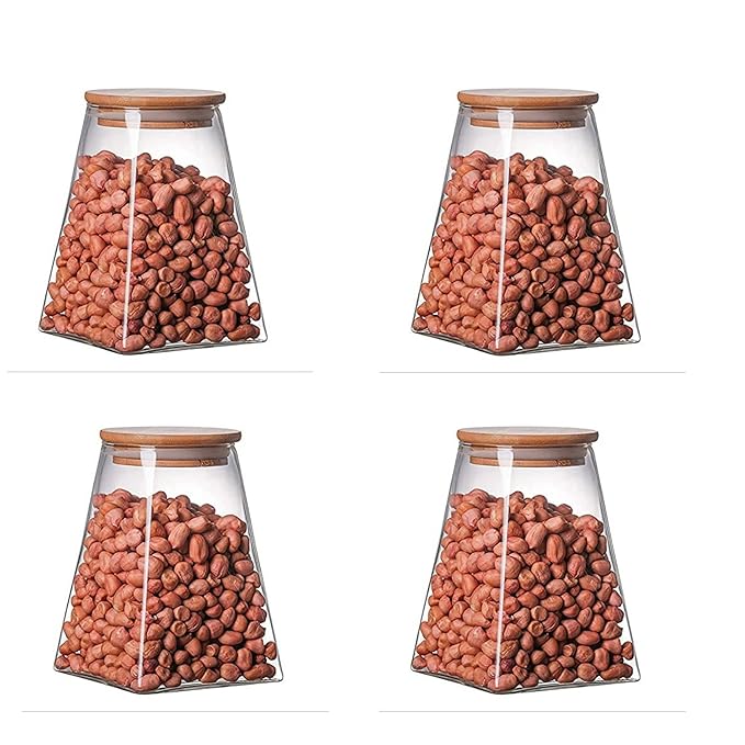 Femora Kitchen Storage Jars Borosilicate Glass Jars for Kitchen With Wooden Lid Air Tight Jar | 900 Ml | Pack of 4