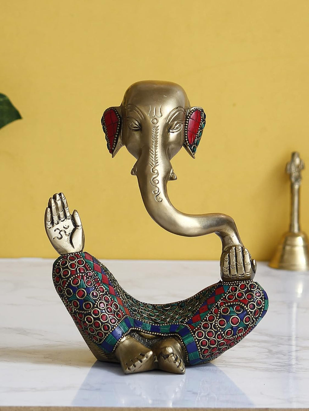 Ecraftindia Handcrafted Meditating Brass Lord Ganesha Idol With Golden Colorful Stone Work | Spiritual Ganesha Statue for Puja Room