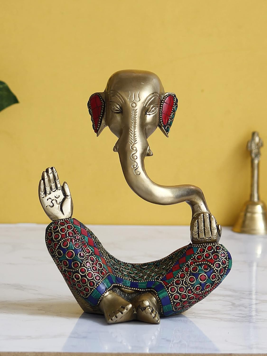 Ecraftindia Handcrafted Meditating Brass Lord Ganesha Idol With Golden Colorful Stone Work | Spiritual Ganesha Statue for Puja Room