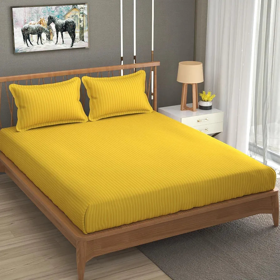 Homefab India 160 TC Stripe Glace Cotton Double BedSheet with 2 Pillow Covers Yellow