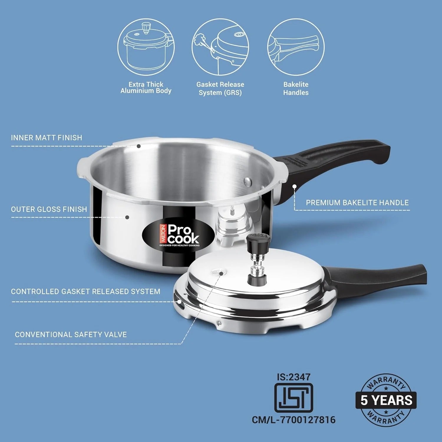 Milton ProCook Aluminium Outer Lid Induction Bottom Pressure Cooker - 2L