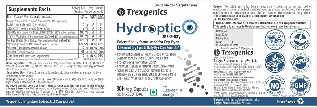 TrexgenicsÂ® HYDROPTIC Advanced Dry Eyes & Eye Care One-a-day Vegetarian formula with Lutein, Zeaxanthin, Bilberry, Gingko, Pine Bark, Vitamin C, Zinc &Vitamin A (30 Vcaps) (1)
