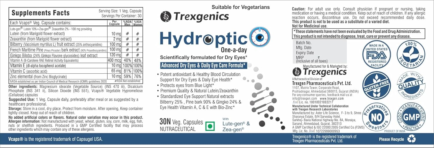 TrexgenicsÂ® HYDROPTIC Advanced Dry Eyes & Eye Care One-a-day Vegetarian formula with Lutein, Zeaxanthin, Bilberry, Gingko, Pine Bark, Vitamin C, Zinc &Vitamin A (30 Vcaps) (1)