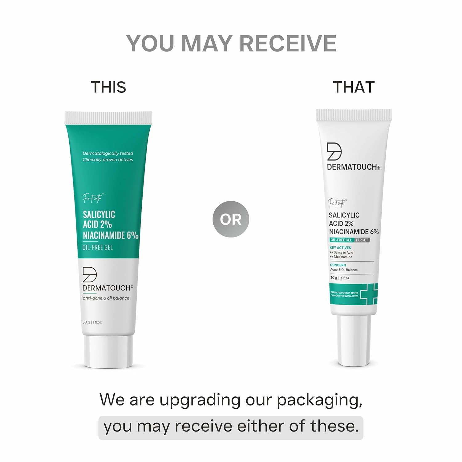 Dermatouch Salicylic Acid 2% Niacinamide 6% Anti-Acne Oil-Free Gel For Active Acne, Oil Balancing, Pore Tightening - 30G