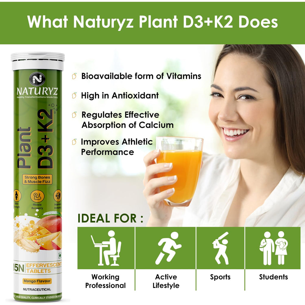 Naturyz 100% Plant Vitamin D3 K2 | Veg Vitamin D3 Supplement Lichen Source with Vitamin K2 MK7 Menaquinone | Supports Stronger Immunity | Bone & Heart Health for Men & Women (Mango Flavour)-15 Tablets
