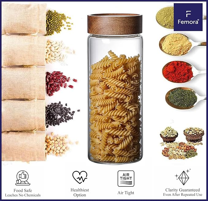 Femora Kitchen Storage Jars Borosilicate Glass With Wooden Lid Air Tight Jar | 550 Ml | Pack of 6 | Transparent