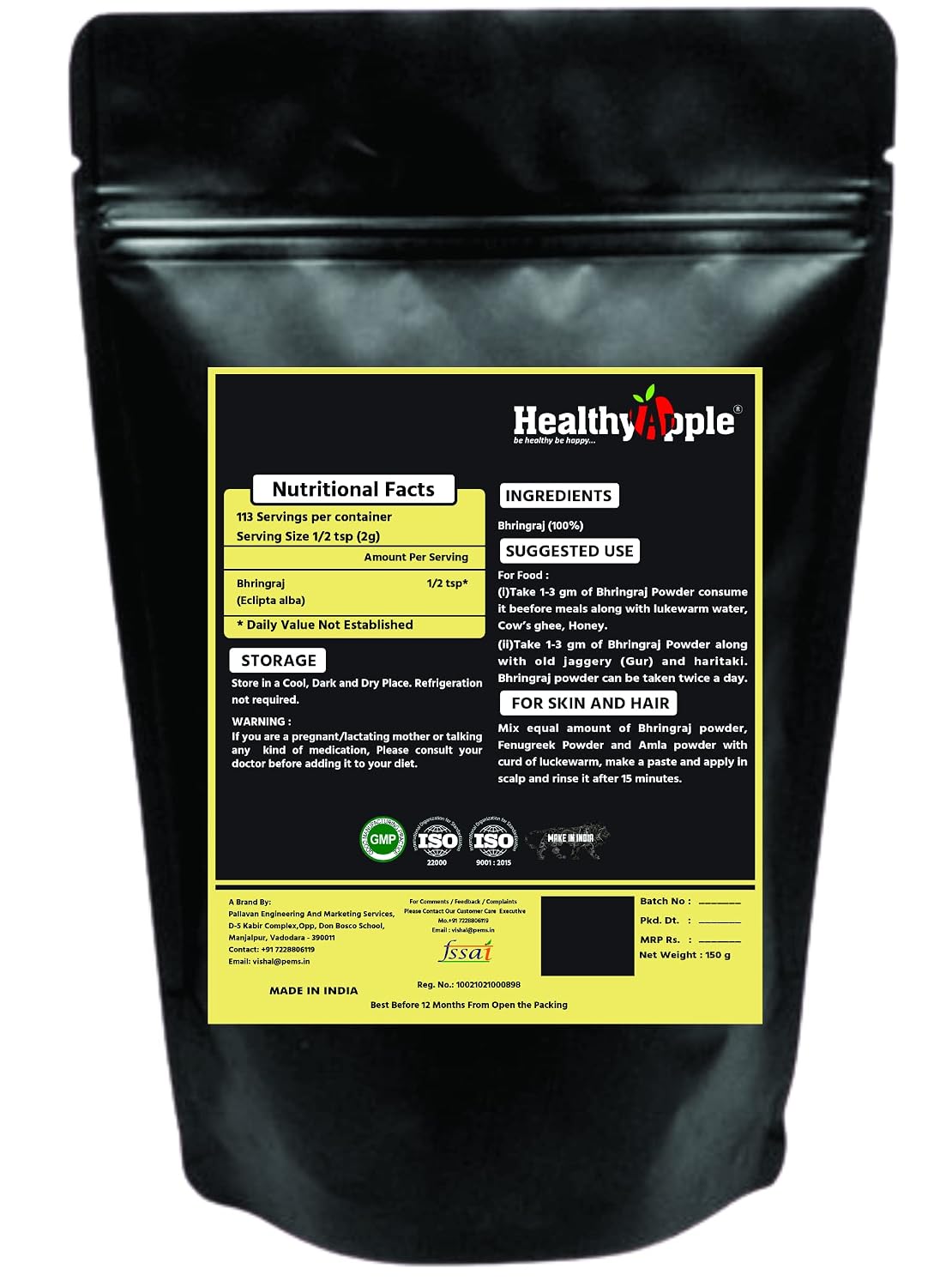 Healthy Apple Pure Bhringraj Powder 227g | 8.00 oz | Half Pound | Pure Bhringaraj Powder | 100% Pure Eclipta alba Powder | Promotes Healthy Hair Growth | Increases Hair Thickness