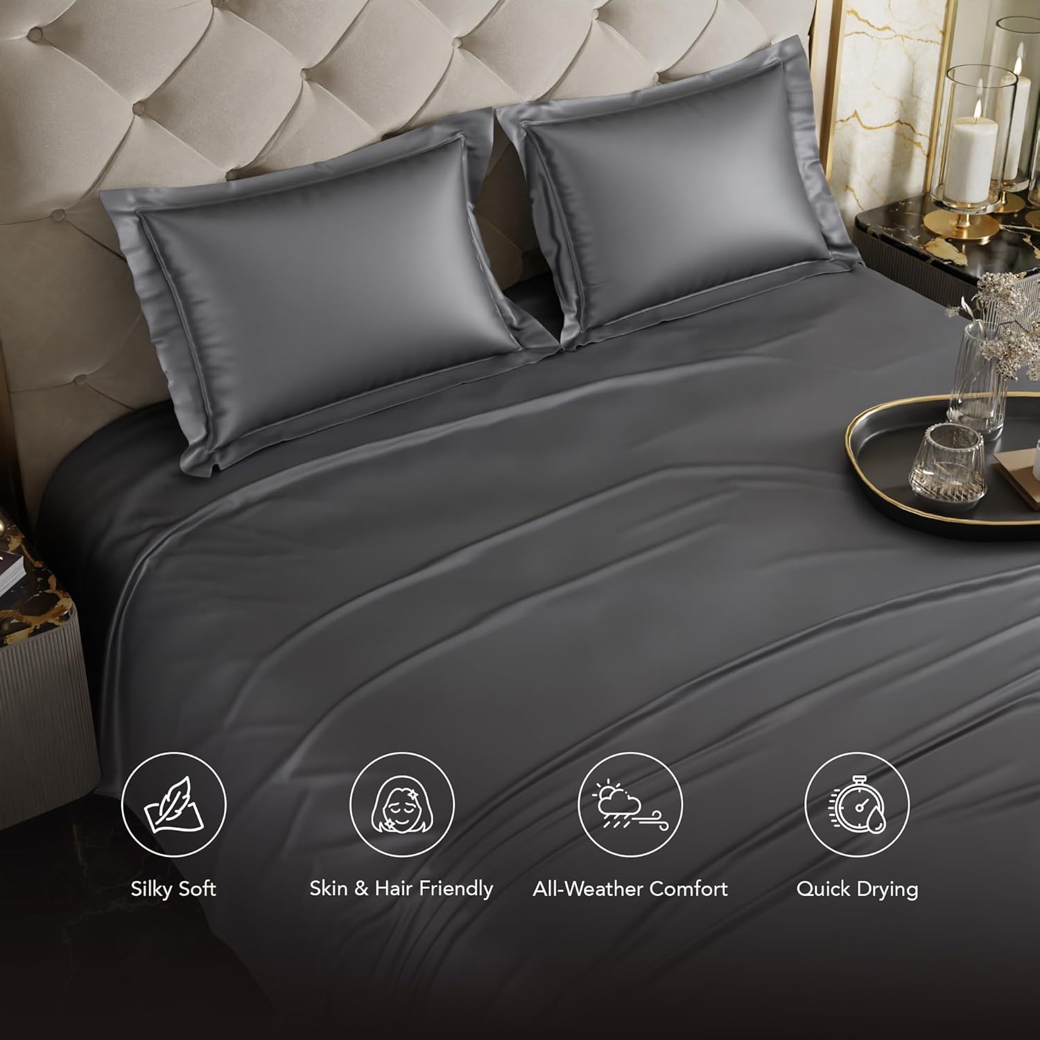 Stoa Paris Satin Bedsheets for Double Bed 300TC Premium Bedsheet with 2 Pillow Covers Colour Twilight Embrace