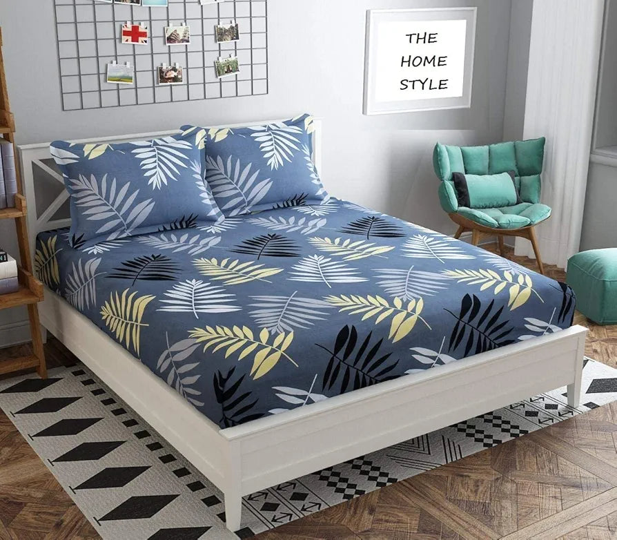 The Home Style Cotton Feel Glace Cotton 300 Threadcount upto 350 TC Elastic Fitted All Around Elastic Printed King Size Double Bed Bedsheet with 2 Pillow Cover Midnight Leaf