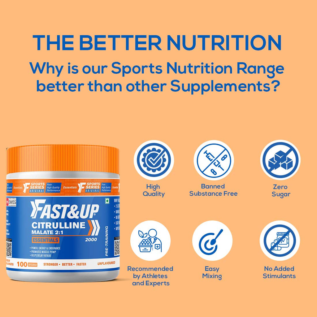 Fast&Up Citrulline (100 Servings) Citrulline Malate to Enhance Muscle Pump, Sustain Longer Workouts & Boost Recovery (Unflavored,Pack of 200 gm Powder)