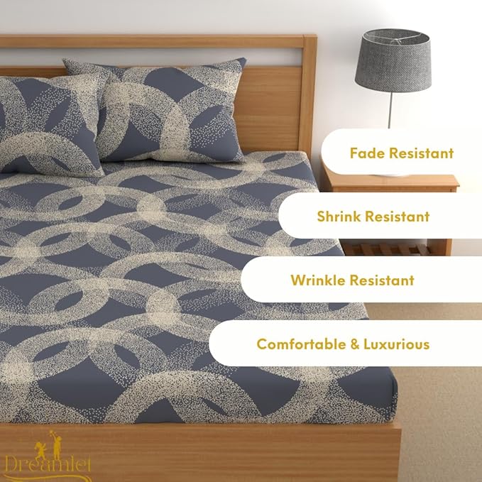 Dreamlet All Around Elastic Supersoft 210tc Premium Cotton Elastic Fitted Bedsheets With 2 King Size Pillow Covers | Denim Blue