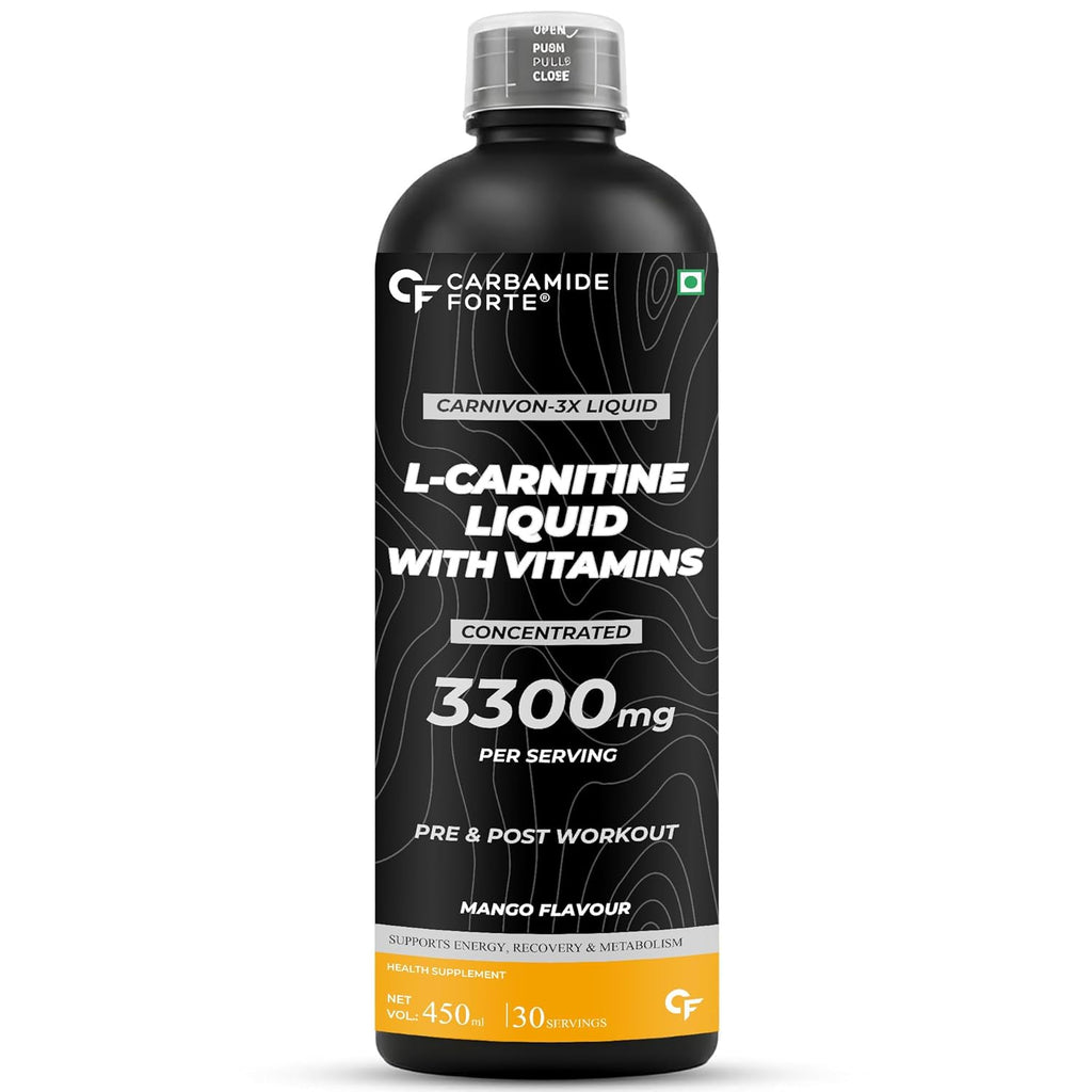 Carbamide Forte L Carnitine Liquid 3300mg | L-Carnitine Liquid With Vitamins | L'Carnitine Supplement For Pre & Post Workout To Suppoer Energy, Recovery & Metobolism | Mango Flavor - 450ml