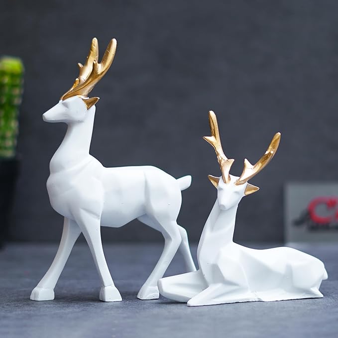 Ecraftindia Set of 2 Golden & White Reindeer Statues Animal Figurines Decorative Showpieces