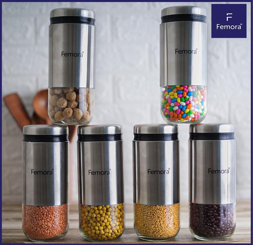 Femora Kitchen Storage Jars Steel Body With See Through Bottom Jar | 900 Ml | Set of 2