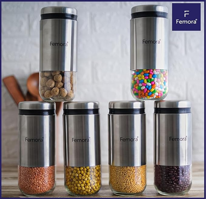 Femora Kitchen Storage Jars Steel Body With See Through Bottom Jar | 550 Ml | Pack of 2