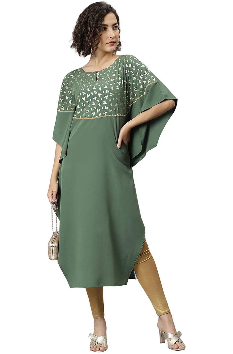 Janasya Women's Green Poly Crepe Printed Kaftan