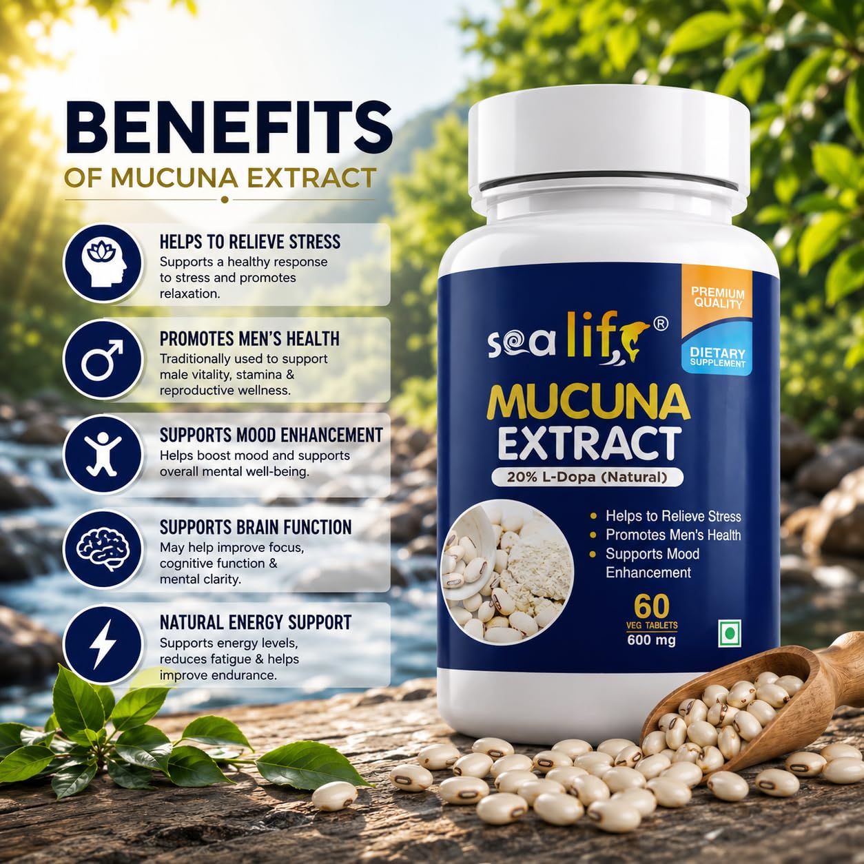 Sea Life Mucuna Pruriens Extract (60 Tablets) | Kaunch Beej | Velvet Bean | Kapikacchu | Natural L-Dopa 600mg | Stress Reliever | For Mood & Motivation Support.