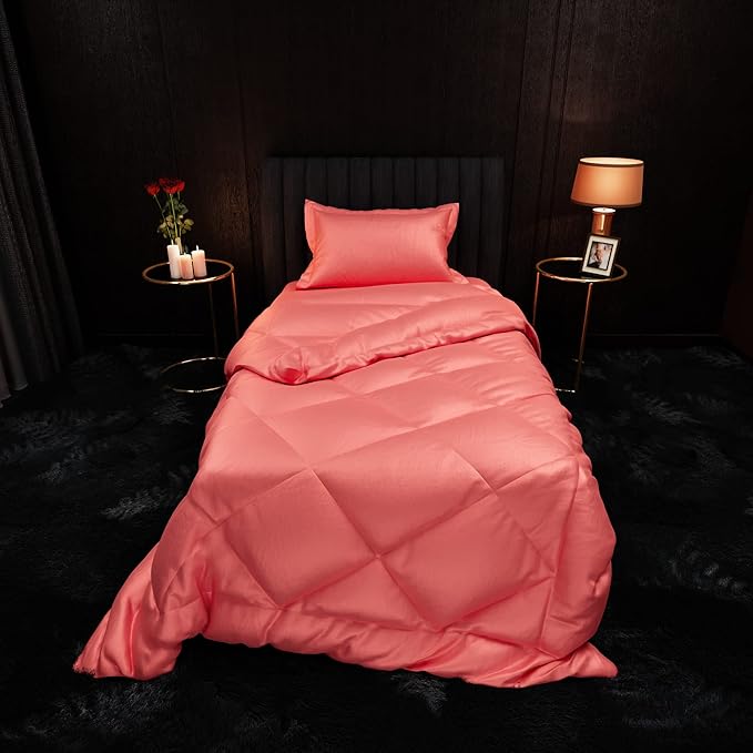 Stoa Paris Satin Comforter for Single Size Bed 300 TC One Pillow Cover Colour Scarlet