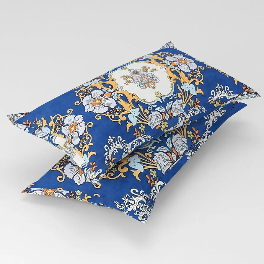 Homefab India 180 TC Microfiber Double BedSheet with 2 Pillow Covers White Blue Floral