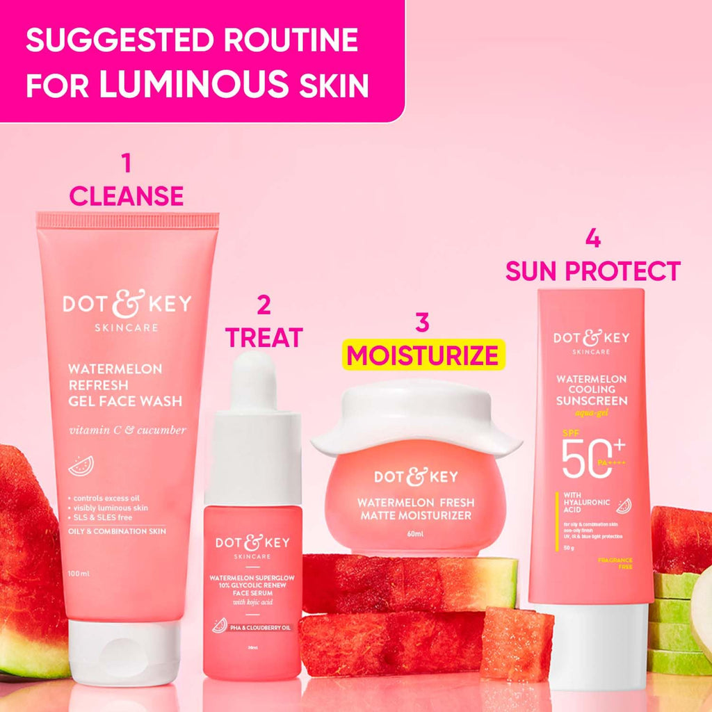 DOT & KEY Watermelon Superglow Matte Oil Free Moisturizer For Face With Watermelon Extracts | Lightweight Gel, Controls Excess Oil, Hydrates & Plumps Skin, With Glycolic Acid For Oily Skin | 60Ml