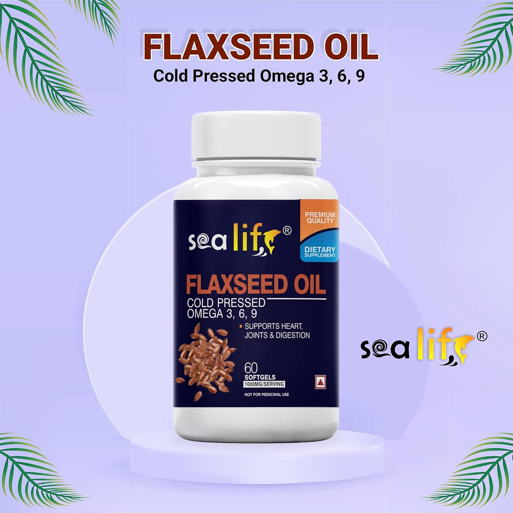 Sea Life Flaxseed Oil 1000 Mg Softgel Capsules | Omega 3,6,9 fatty acid | Supports Healthy Heart, Joints, Skin, Brain & Eyes | For Men & Women (60 Softgels Capsules) Pack of-1