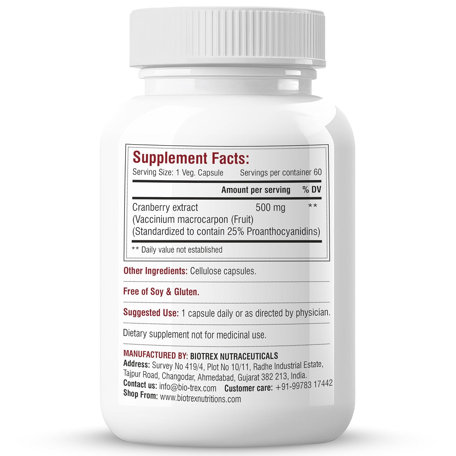 Biotrex Nutraceuticals Cranberry 500mg - for Urinary Tract Health, UTI Health Supplement | 60 Capsules
