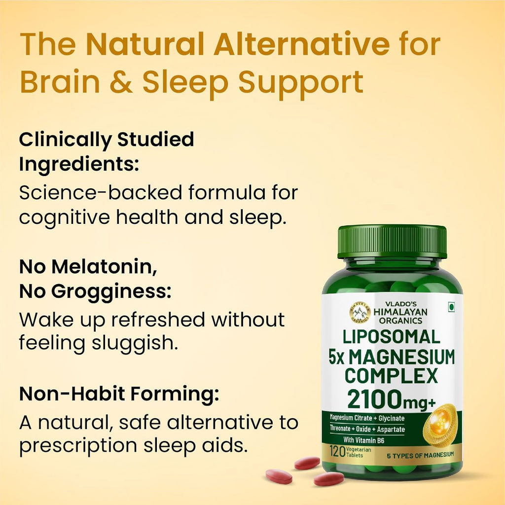 Vlado's Himalayan Organics 5X Strength Liposomal Magnesium Supplement - 2100mg+ with Chelated Magnesium Glycinate, Citrate, Oxide, Threonate, Aspartate & Triple magnesium Complex | For Sleep, Cramps, Recovery 120 Tablets