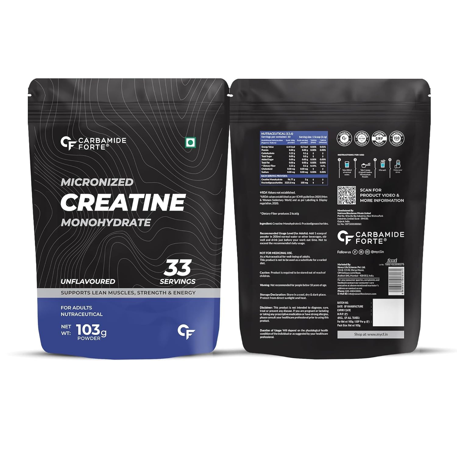Carbamide Forte Creatine Mono hydrate Powder | Micronized Monohydrate Creatine 103g | Micronized Monohydrate Supplement for Lean Muscle, Strength & Energy - Unflavoured - 33 Servings - 103g