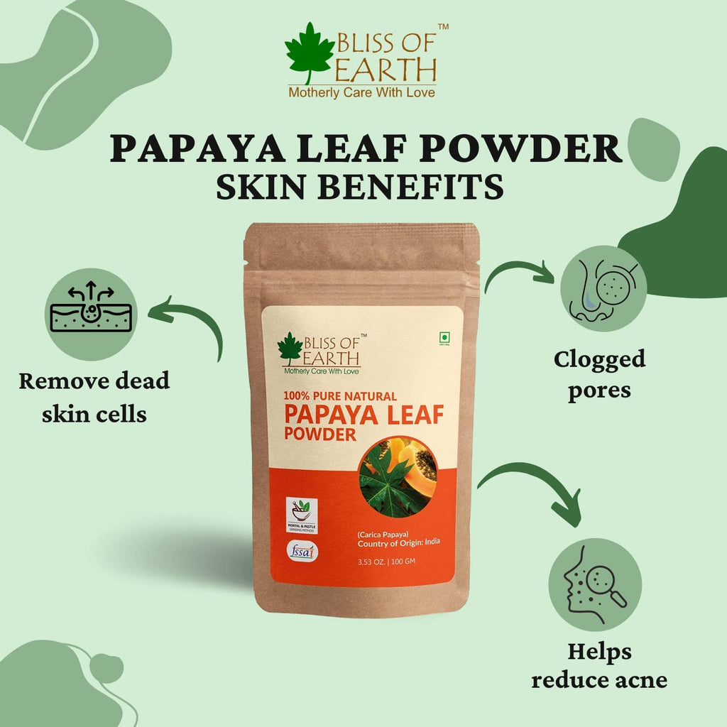 BLISS OF EARTH 100% Pure Papaya Leaf Powder Carica Papaya Helps Digestion & Increases Platelets Anti-Oxidant Skin Rejuvenation 100Gm