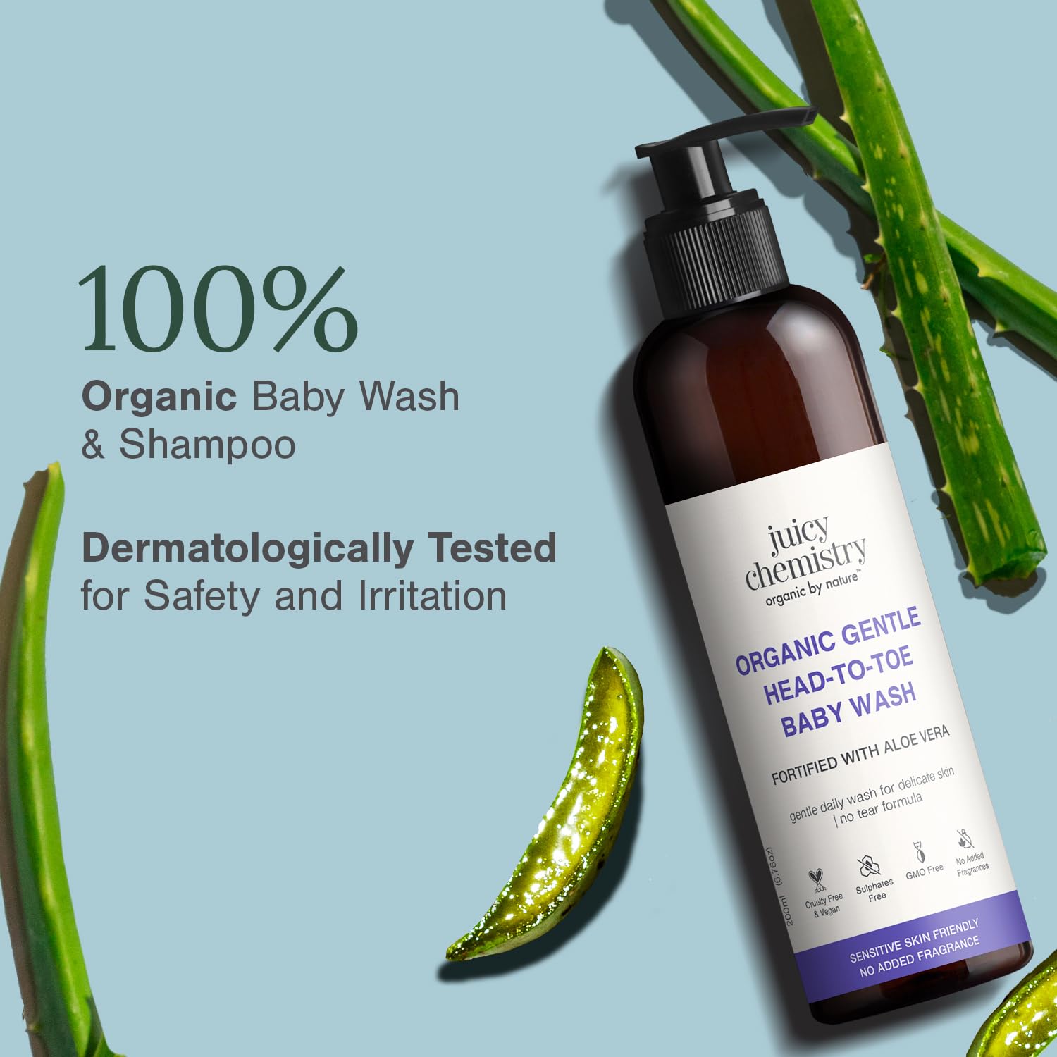 Juicy Chemistry Organic Gentle Head-to-Toe Baby Wash with Aloe Vera, 200ml | Nourishing Cleanser for Babies | Soothes & Clarifies Skin | Gentle Daily Head-to-Toe Wash | No Tear Formula | Sulphate Free | Dermatologically Tested