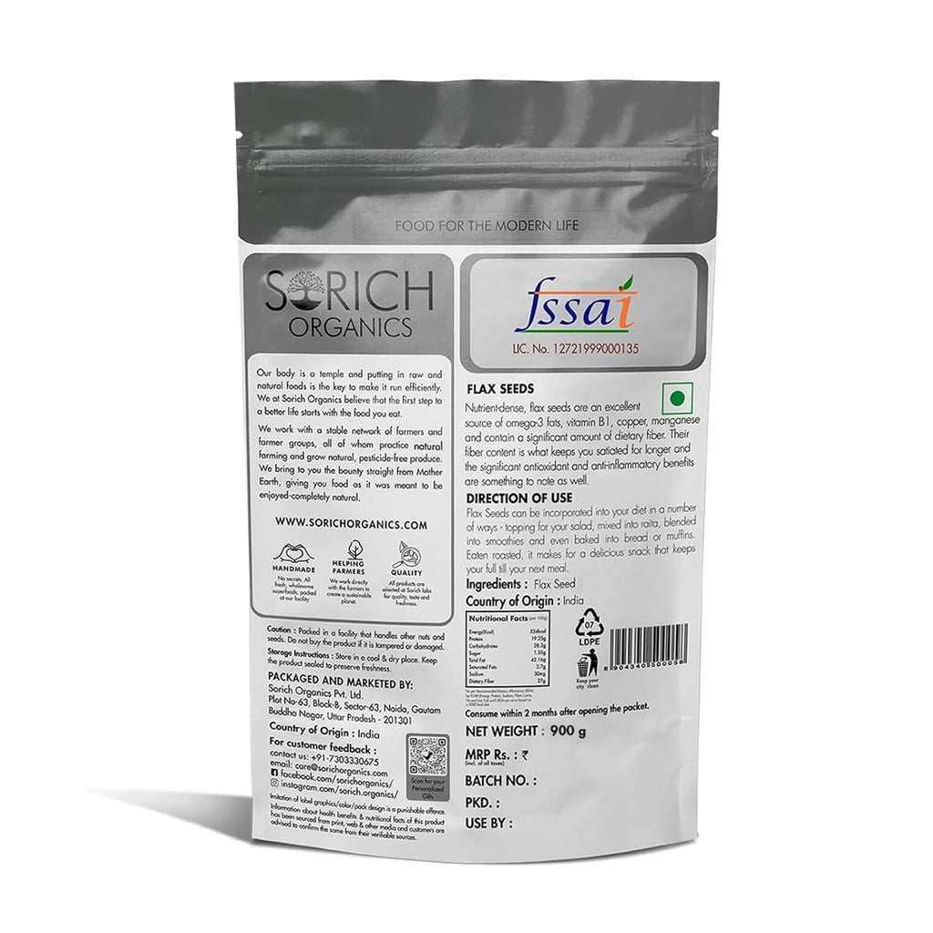 Sorich Organics Flax Seed 900g - Alsi Beej|Alsi Seeds for Hair Growth | Raw Seeds for Eating | Source of Iron & Dietary Fibre | Rich in Protein