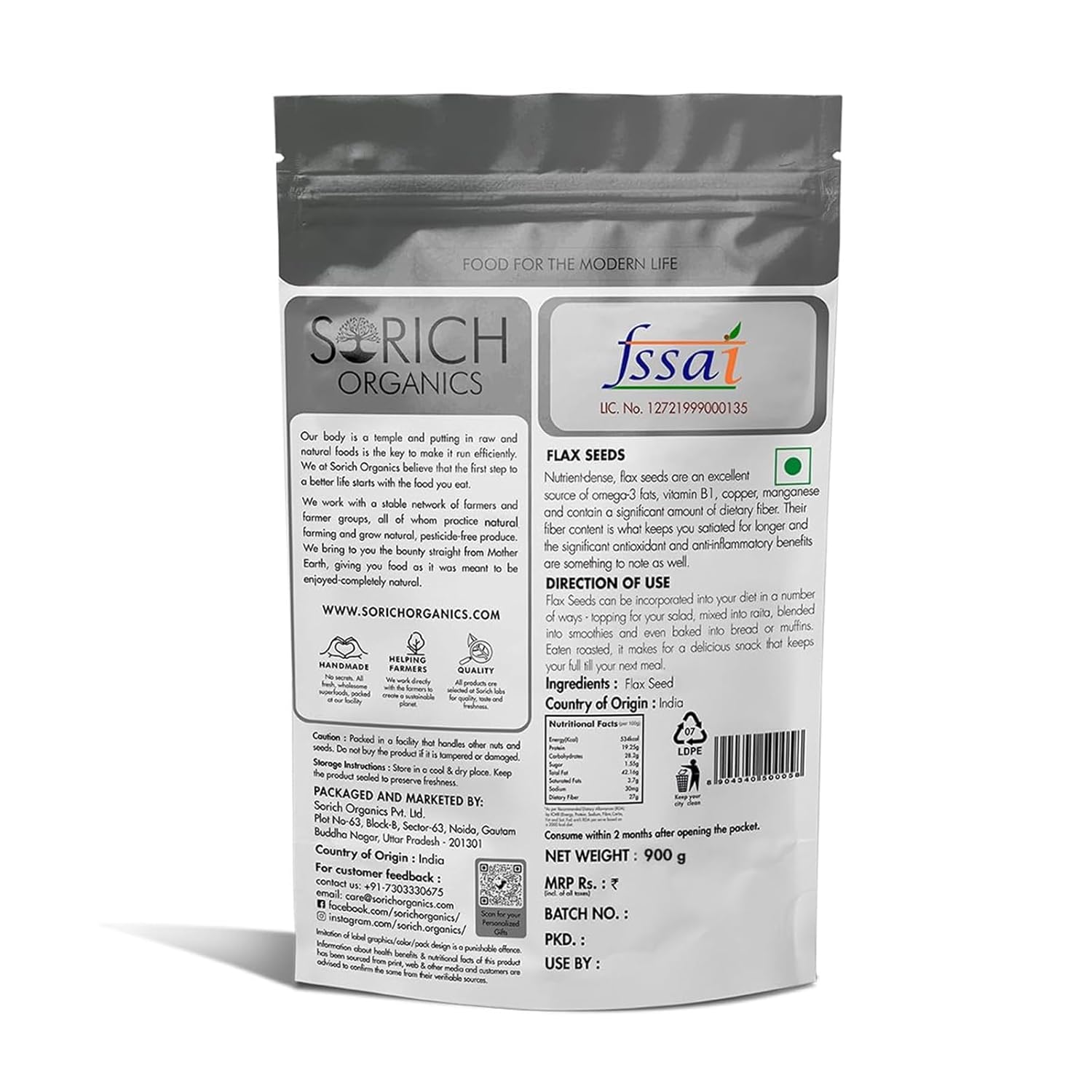 Sorich Organics Flax Seed 900g - Alsi Beej|Alsi Seeds for Hair Growth | Raw Seeds for Eating | Source of Iron & Dietary Fibre | Rich in Protein