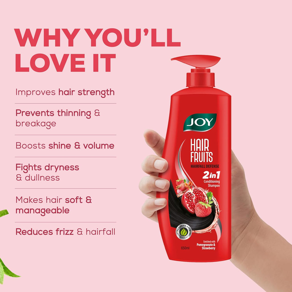 Joy Hair Fruits Hairfall Defense Conditioning Shampoo Enriched with Pomegranate & Strawberry, 650 ml