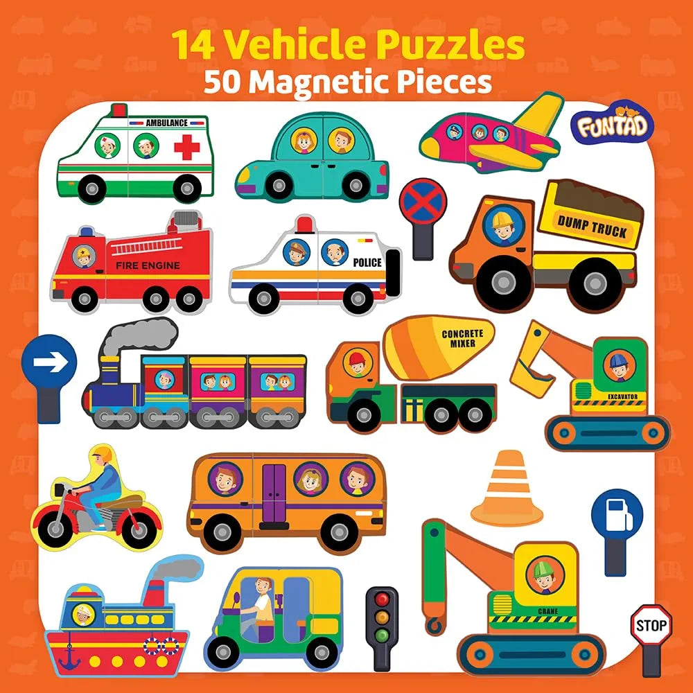 Funtad Magnetic Fun Art Puzzle Vehicles 4-in-1 Travel Friendly Educational Toy with Writable Board 50 Magnetic Pieces with for Boys & Girls Age 3,4,5 & 6 yrs