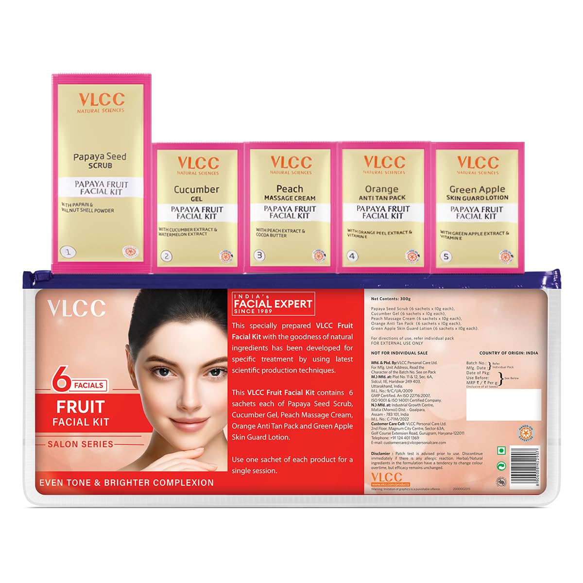 VLCC Salon Series Fruit Facial Kit - ( 6 Facials ) - 300 g | At Home Fruit Facial | Tightens Skin, Lightens Dark Spots & Brightens Skin Tone | Papaya, Cucumber, Peach, Orange & Green Apple.