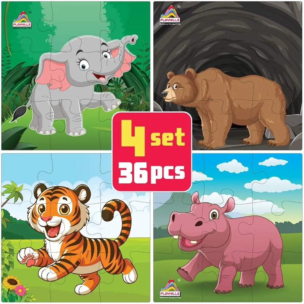 Playhills Wooden Jigsaw Puzzle Set Cute Wild Animals Theme 9-Piece Puzzles for Kids Educational Learning Toy Set of 4 for Children
