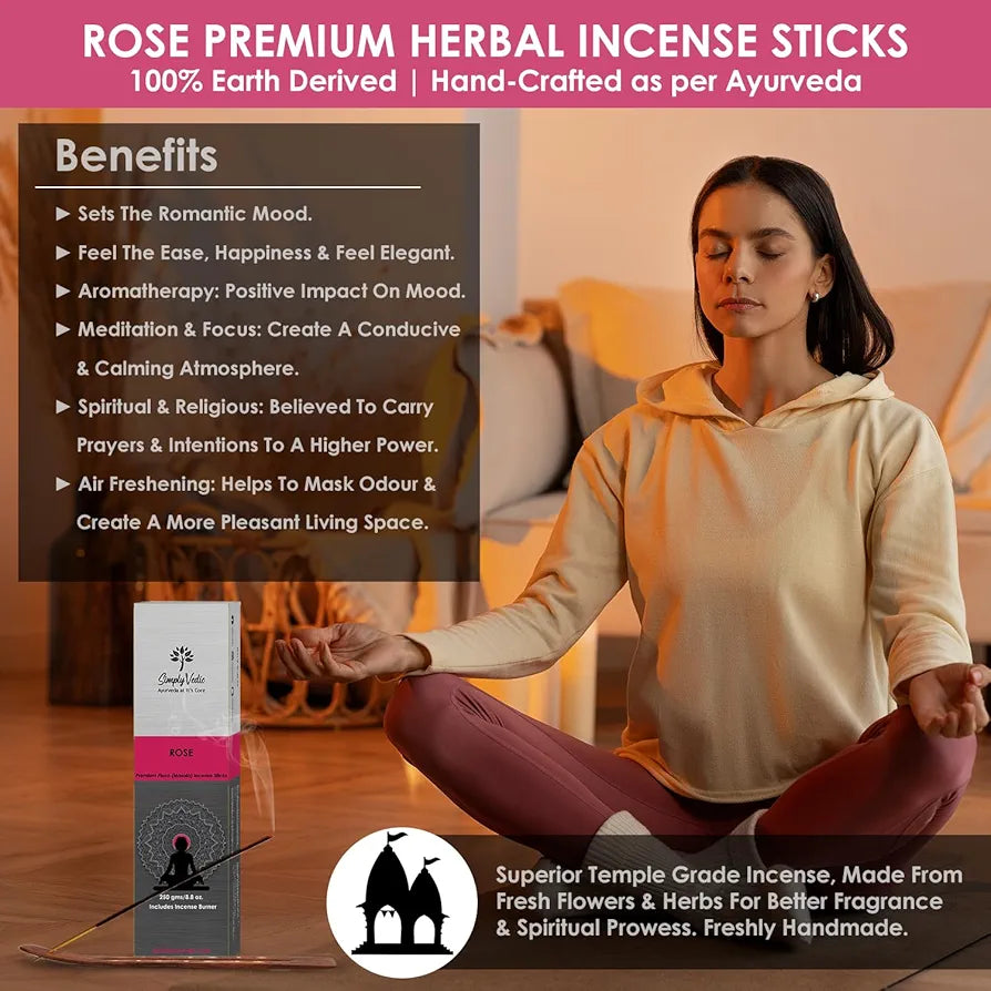 Simply Vedic Rose Incense Sticks with Holder – 135 Hand-Rolled Agarbatti