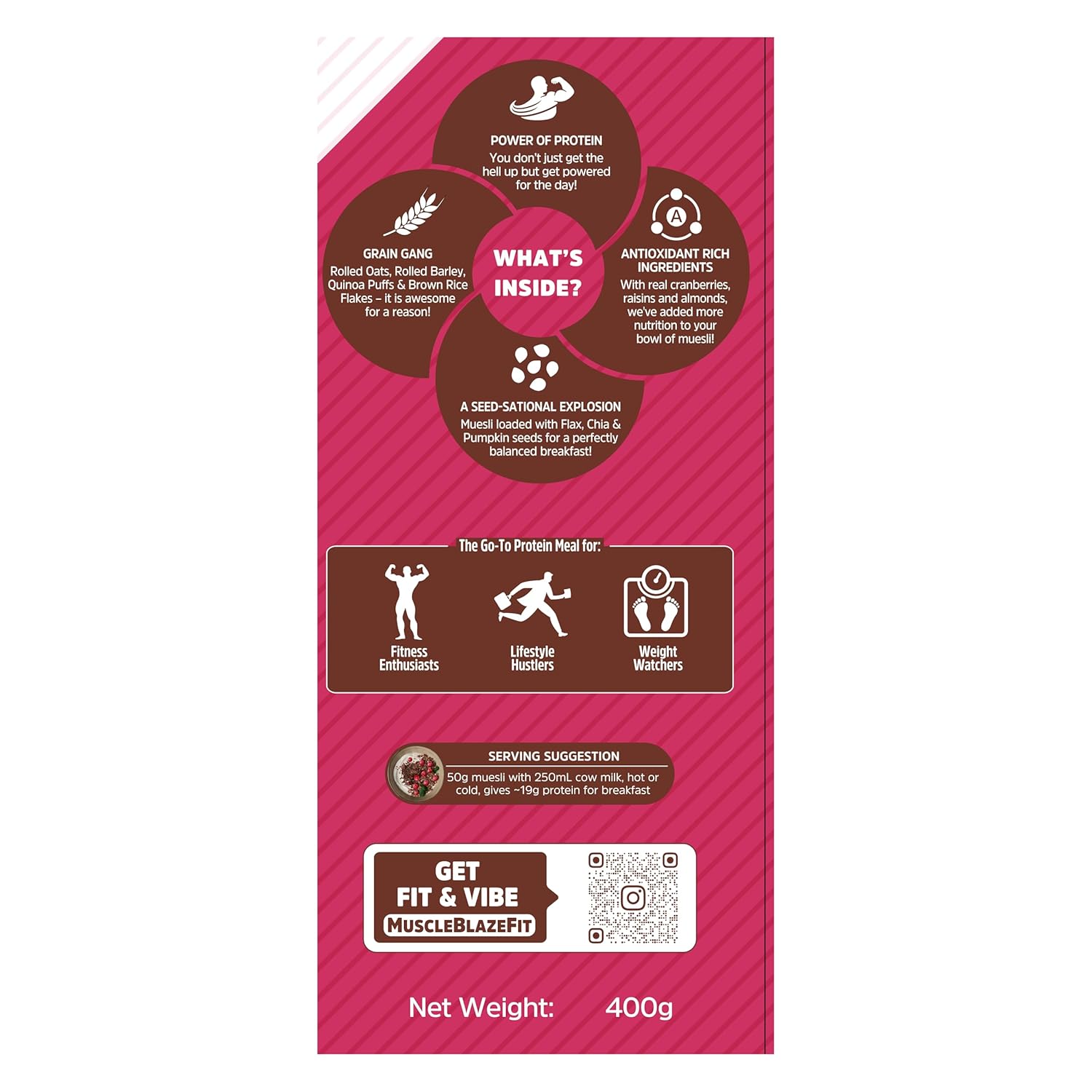 MuscleBlaze Fit High Protein Muesli, Dark Chocolate & Cranberry, 400g | 22g Protein | With Raisins, Almonds & Super Seeds,High Protein Breakfast Cereals