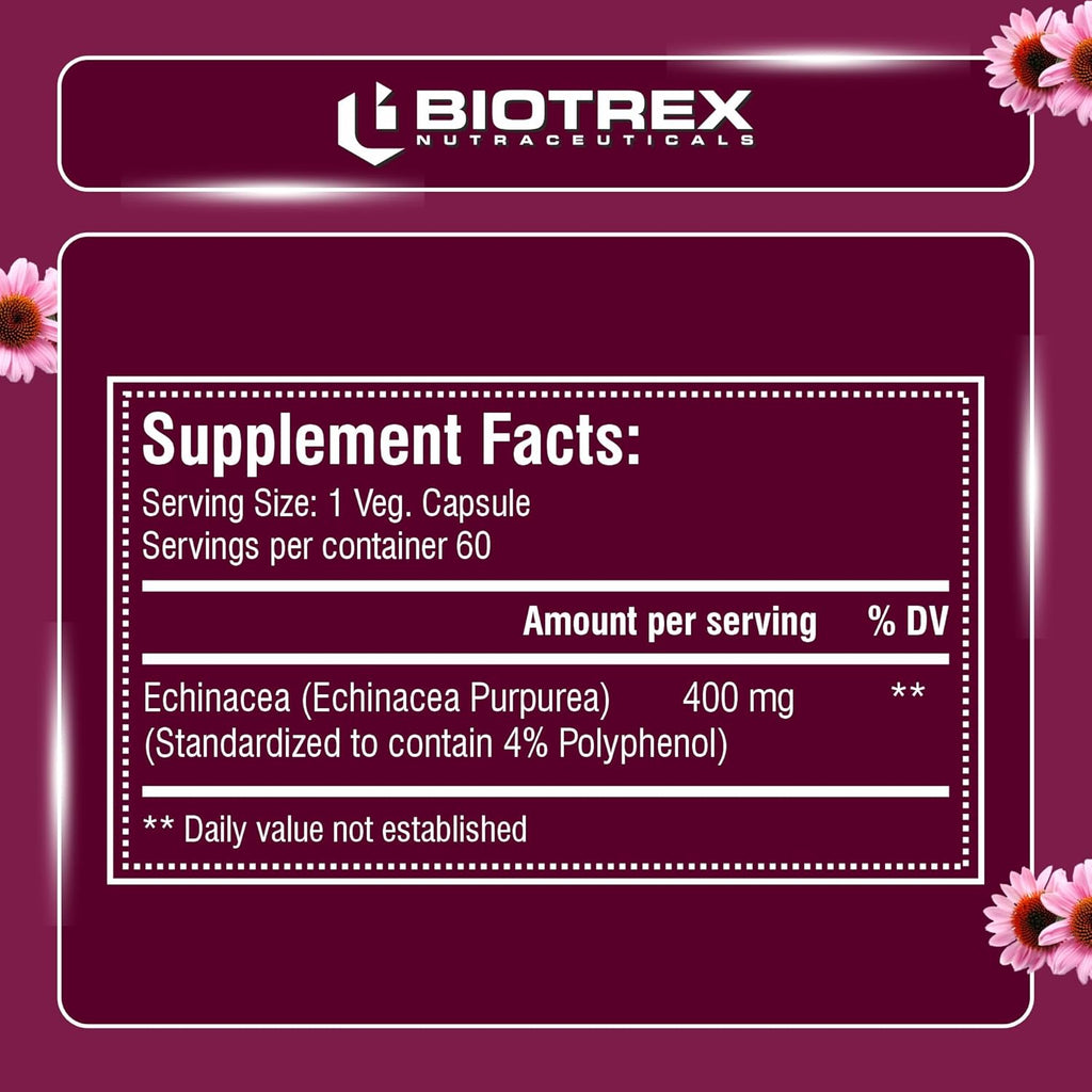 Biotrex Nutraceuticals Echinacea 400mg | Immunity & Anti-inflammatory Effects | Antioxidant Properties | Skin Health & Overall Wellbeing â€“ 60 Veg Capsules